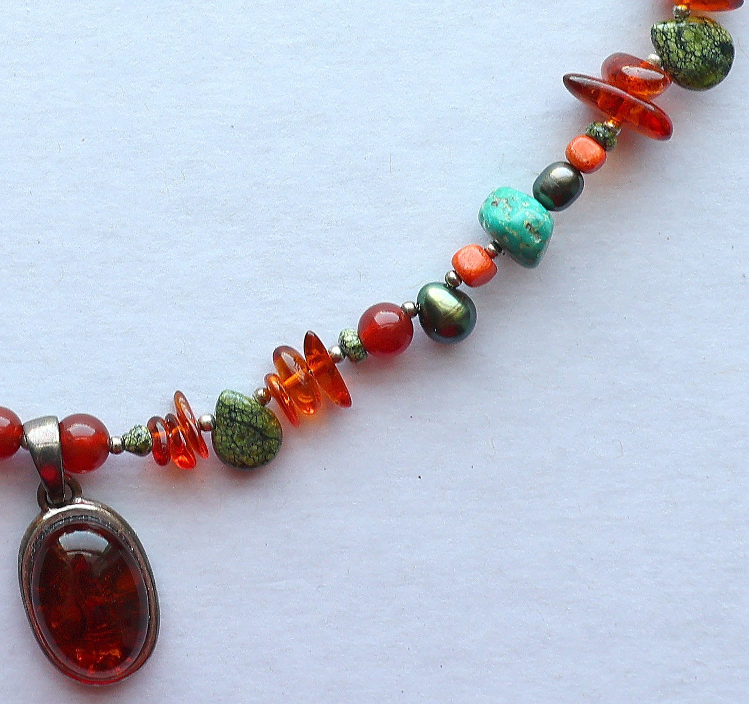 BARSE Necklace Amber Beads Sterling Pendant Turquoise 925 Silver Beaded THAI 20″
