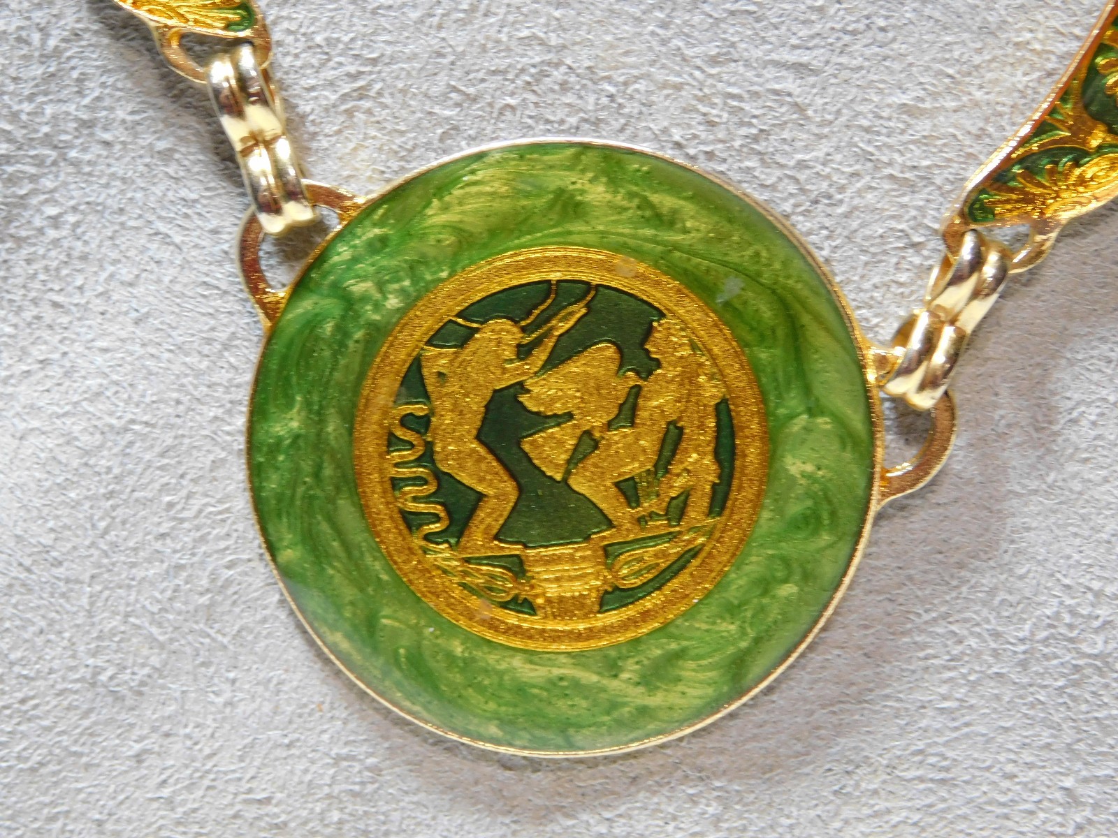 Nice, Metal and Enamel Greek Theme 16″ Pendant Necklace in Good Condition