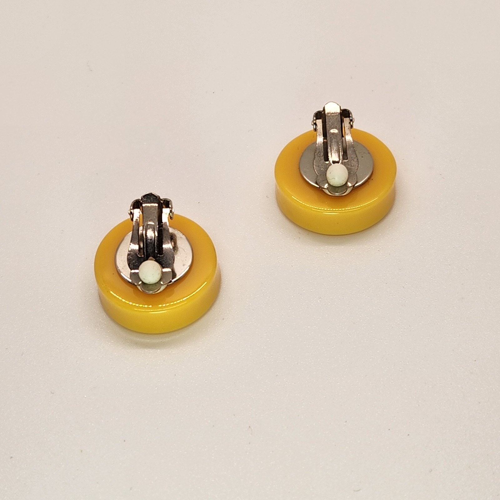 Vintage Bakelite Button Clip On Earrings In Mustard Yellow Color
