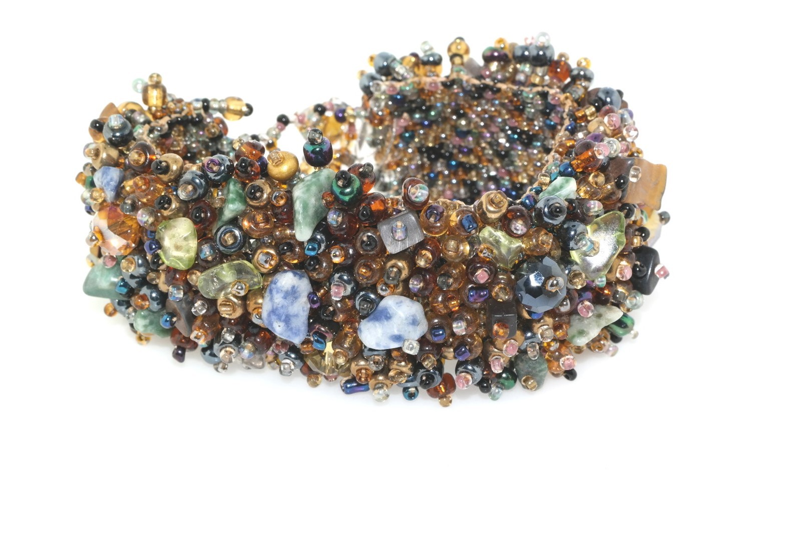 Woven Micro Bead Chunk Stone Faceted Crystal Mesh Bracelet Earth Tones