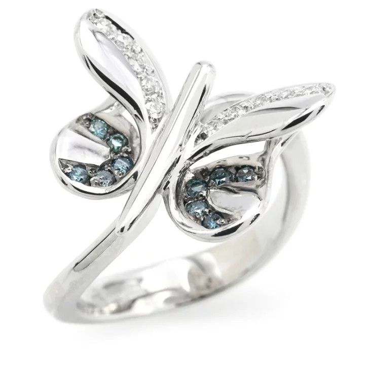 K18WG Blue Diamond Butterfly Ring 18K White Gold Papillon Size 6.25 US 6.1g