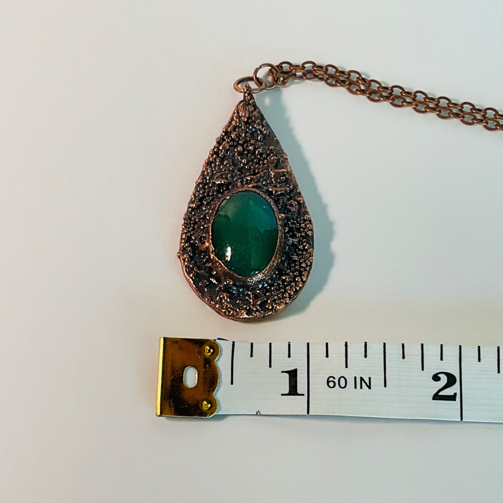 Copper Necklace Jade Gem Stone Handmade Jewelry Pendant 18” Chain Metal Teardrop