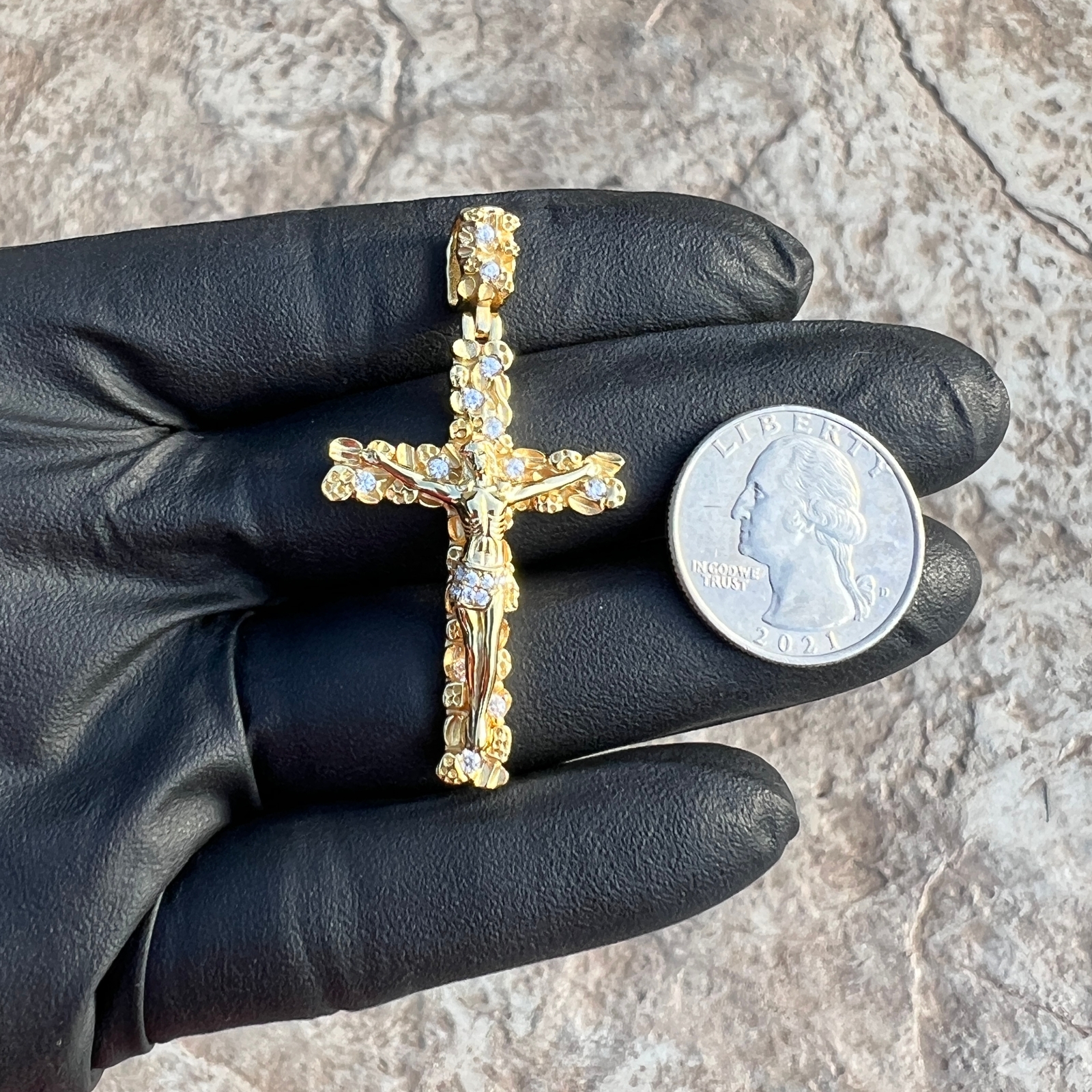 14K Gold Plated 925 Sterling Silver Nugget Jesus Crucifix Cross CZ Iced Pendant