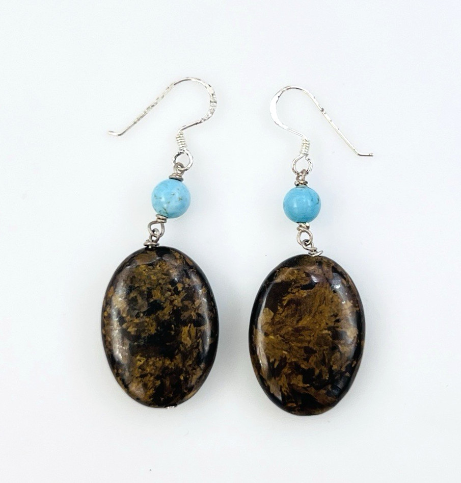 Lot of Two Beaded Sterling Silver Bronzite Turquoise Glass Dangle Earrings