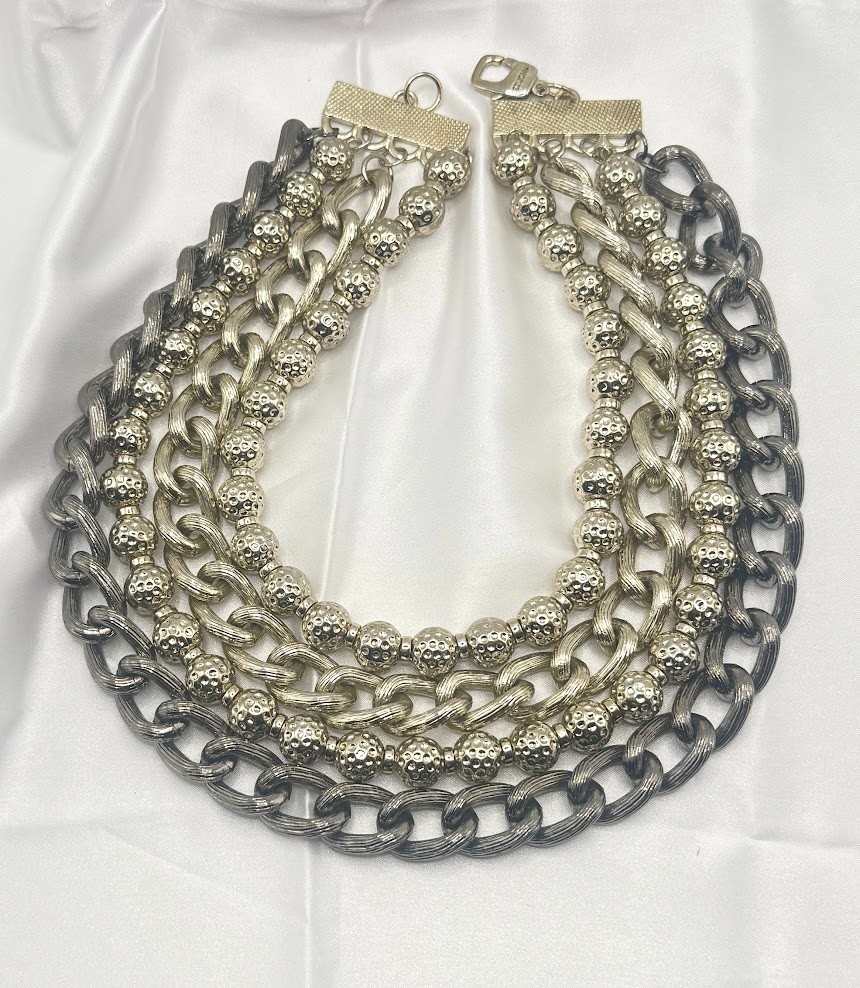 St. John Collection Multi Strand Chunky Silver Tone Statement Necklace Signed