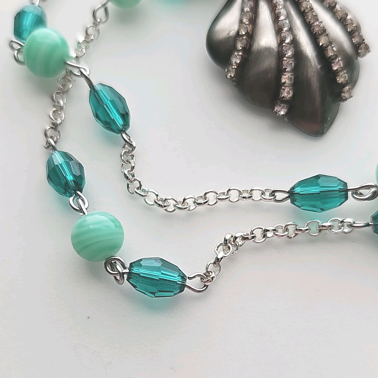 Assemblage Necklace Vintage Czech Glass Beads Malachite Cab Pendant Silver Tone