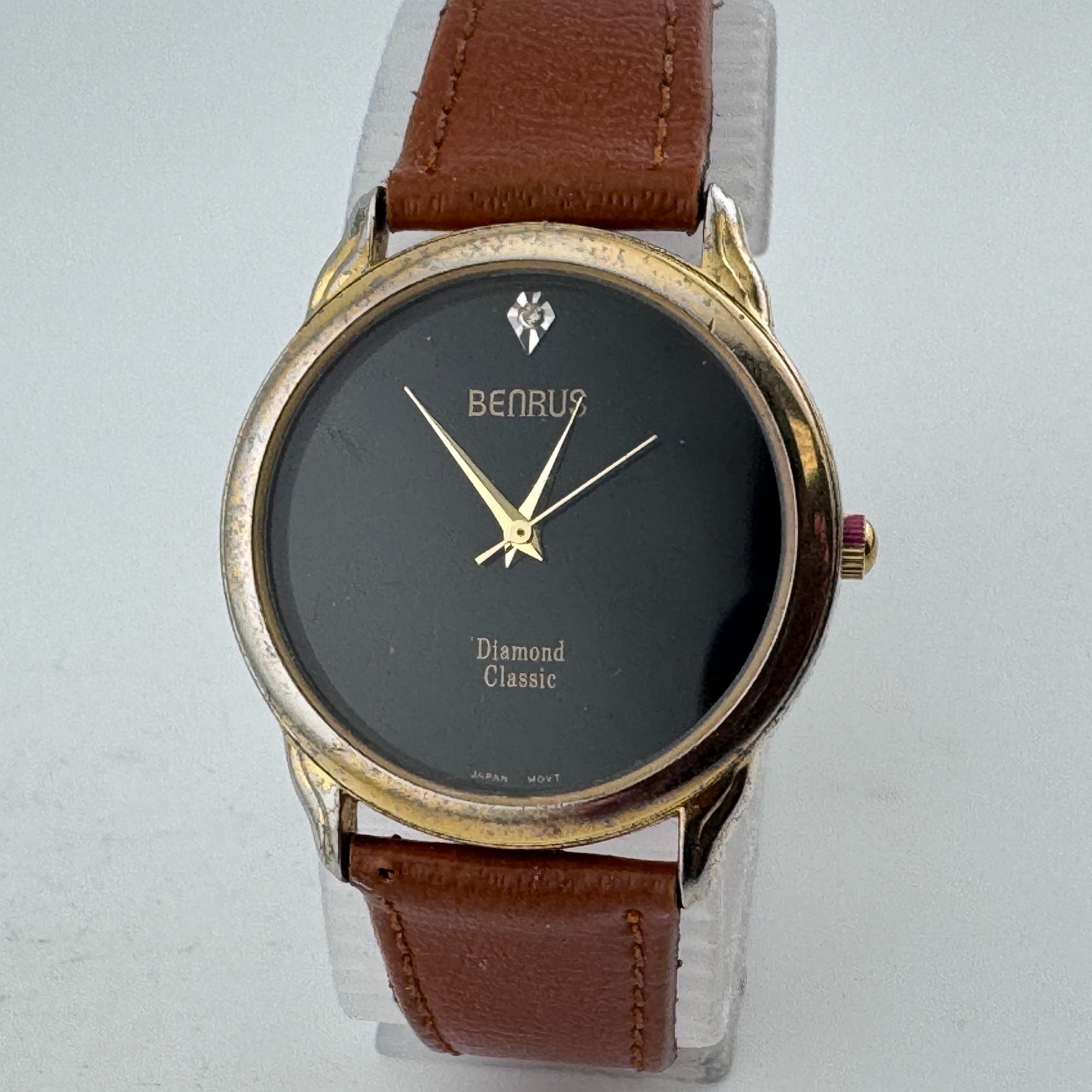 VTG Benrus Quartz Watch Men Gold Tone Diamond Black Leather Analog New Battery