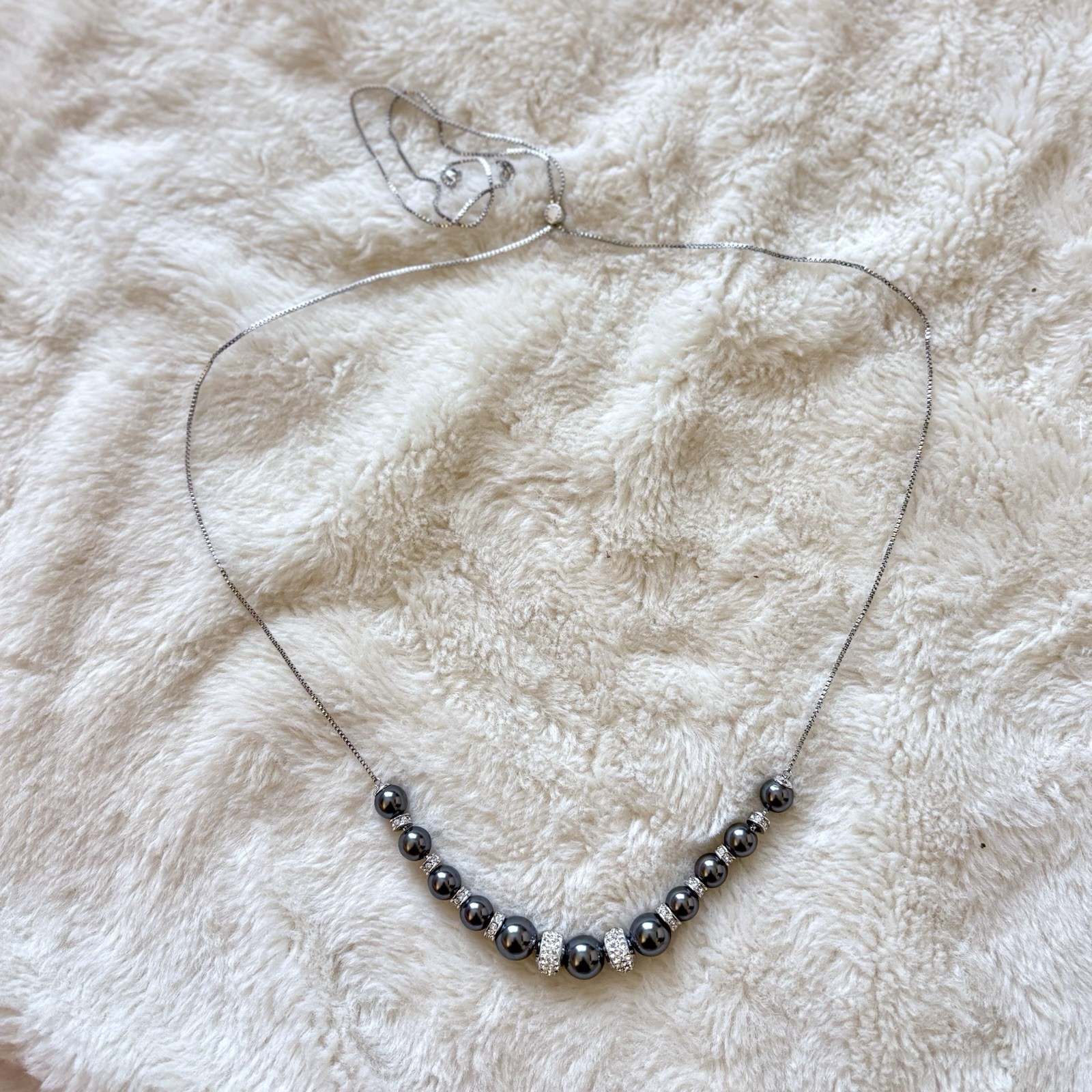 Vintage Henri Bendel Hematite Bead Crystal Pave Adjustable Bolo Necklace Silver