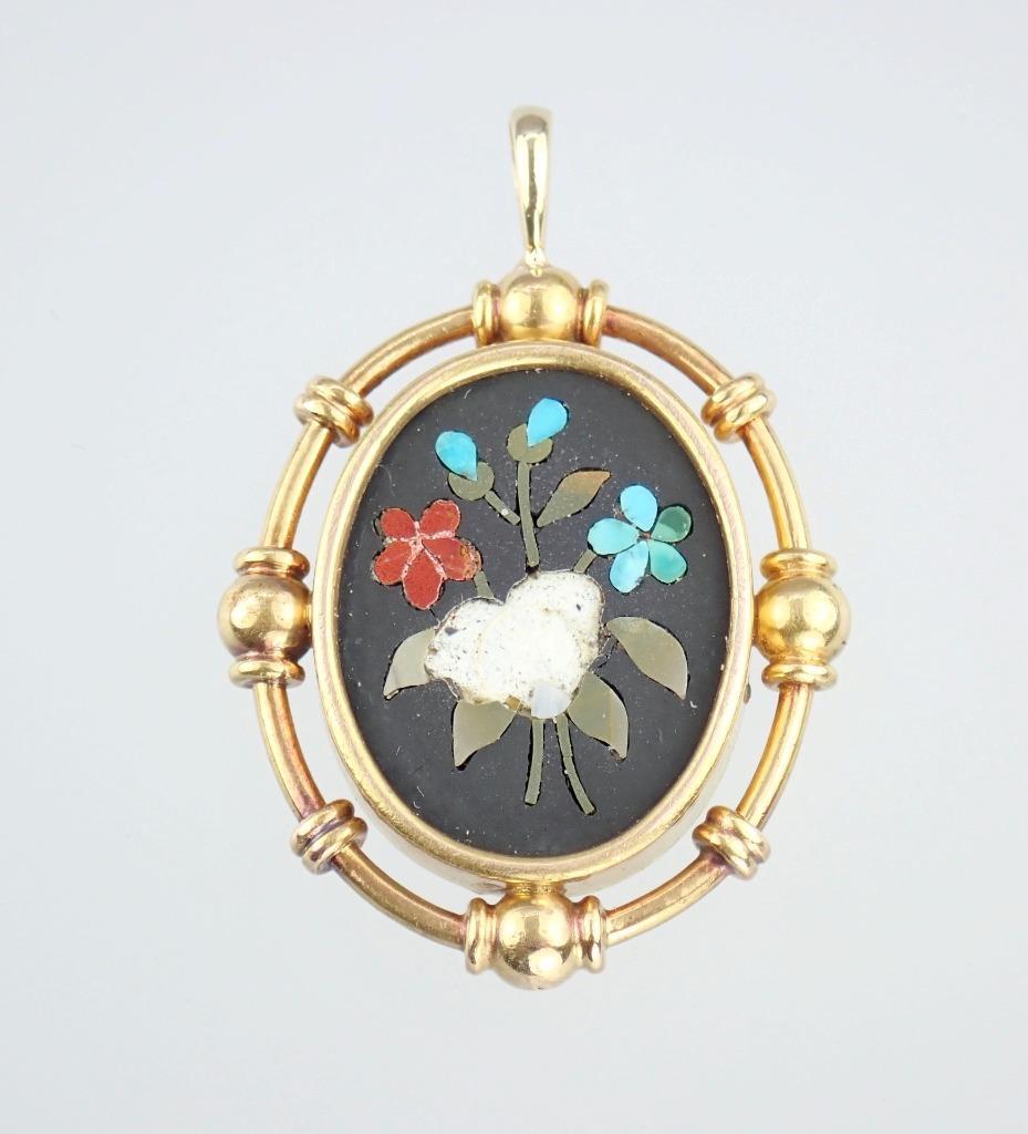 Fine Antique VICTORIAN Solid 18k Gold PIETRA DURA Mosaic Floral MOURNING PENDANT