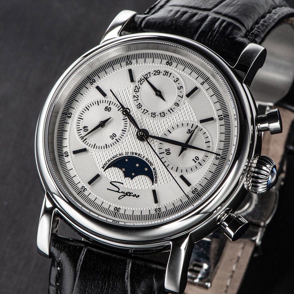 SUGESS S426 Mechanical Chronograph White Steel Leather Moonphase Men’s Watch