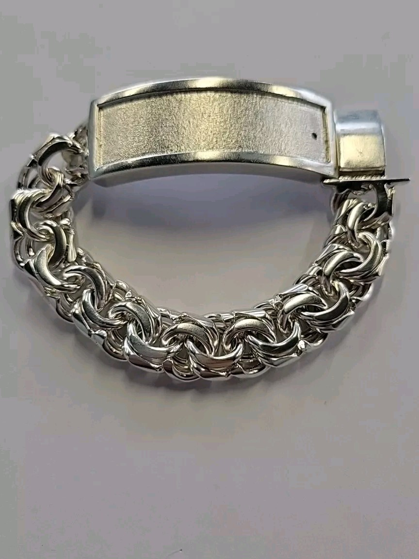 925 Sterling Silver Chino Link ID Bracelet Plain Frame 114g 8inch 15mm Hand Made
