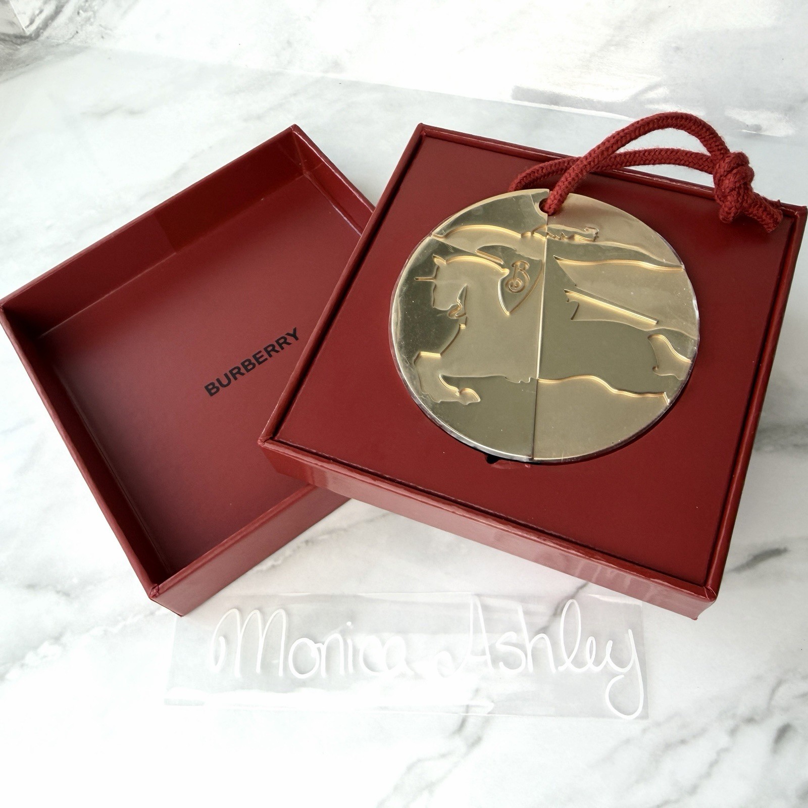 Burberry Metal Gold-Tone Round Brand Engraved Medallion Pendant Ornament, NIB