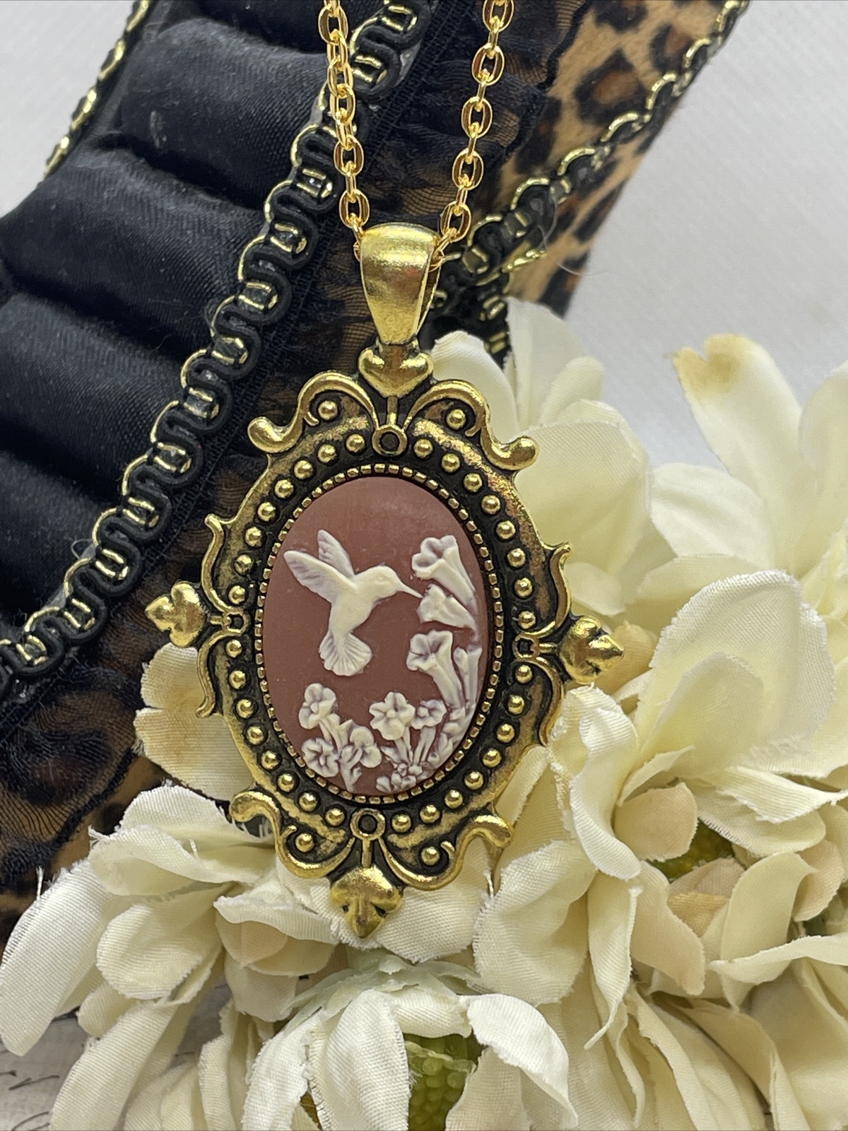 Anniversary Gold Cameo Hummingbird Easter Mother’s Day Birthday wedding Necklace