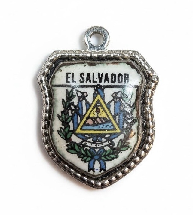 Vintage silver EL SALVADOR COAT OF ARMS MINI TRAVEL SHIELD RARE charm #40