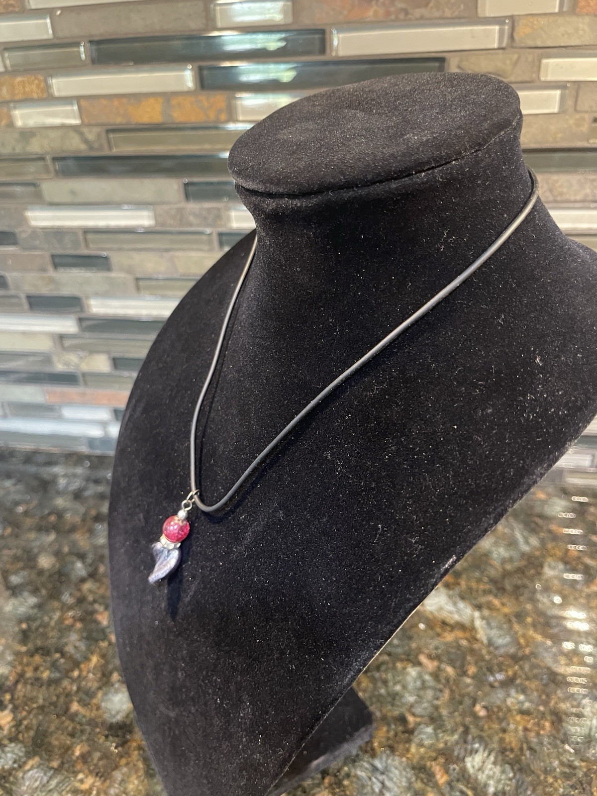 Handmade Lampwork Glass Pendant Necklace Red Crackle Bead Black Cord Artisan
