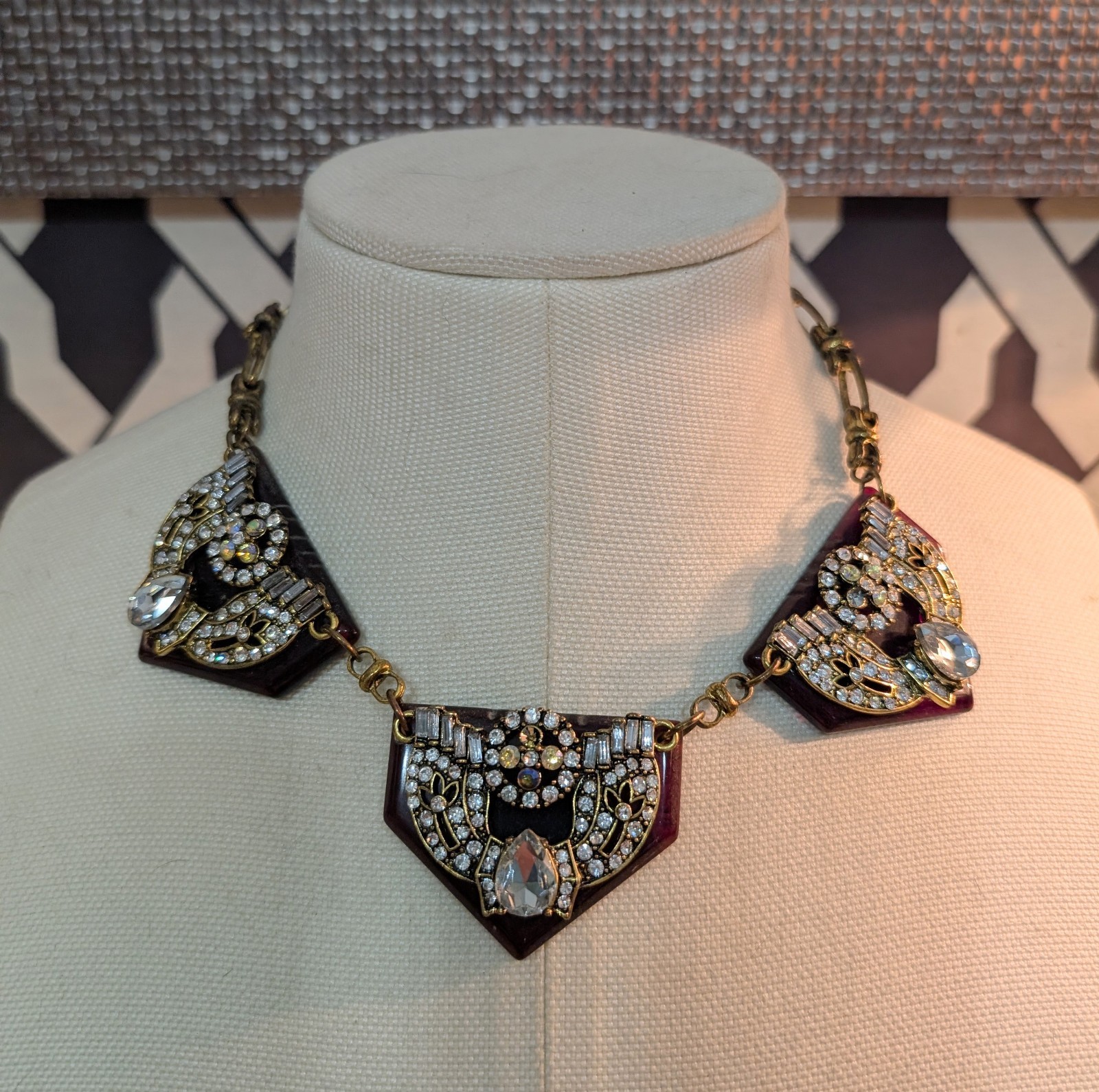 Stunning Necklace With 3 Dark Amber Pendants W/Large Sparkling Rhinestones