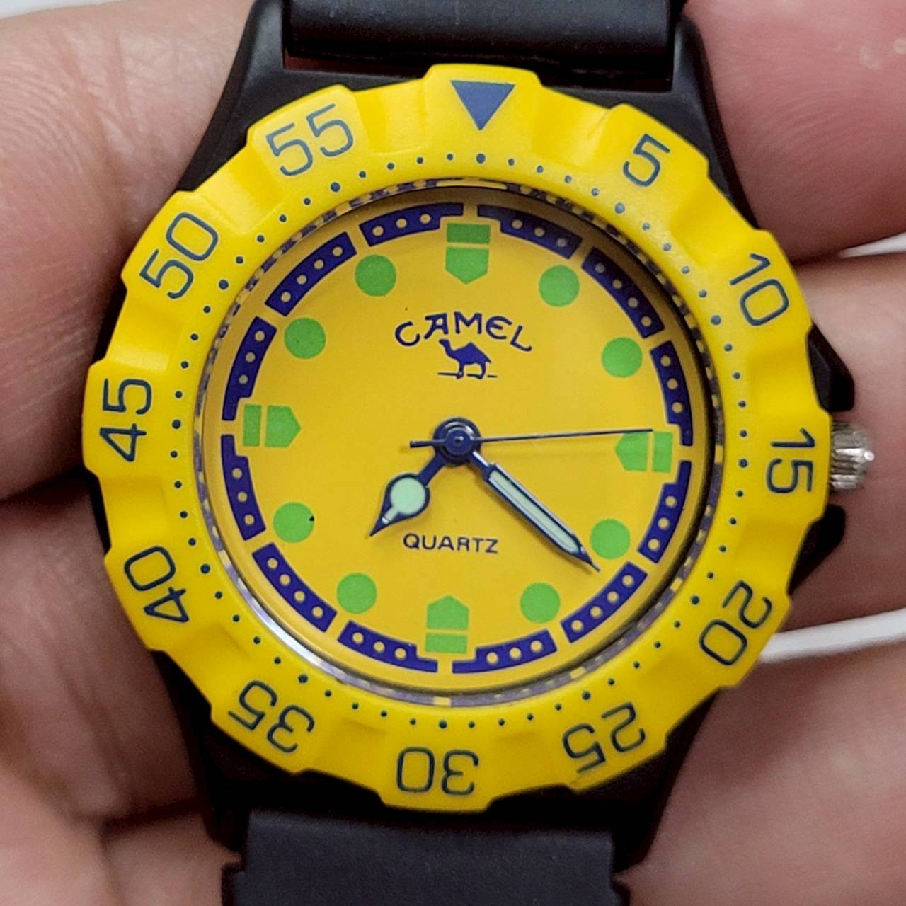 Vintage CAMEL Quartz Sport Watch 90s Yellow Green Blue Dial Formula 1 Style RARE
