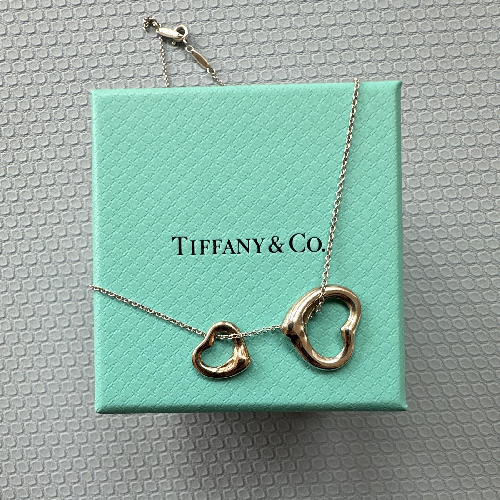 Tiffany & Co. Elsa Peretti Open Double Heart Gold Silver Pendant Necklace $1400