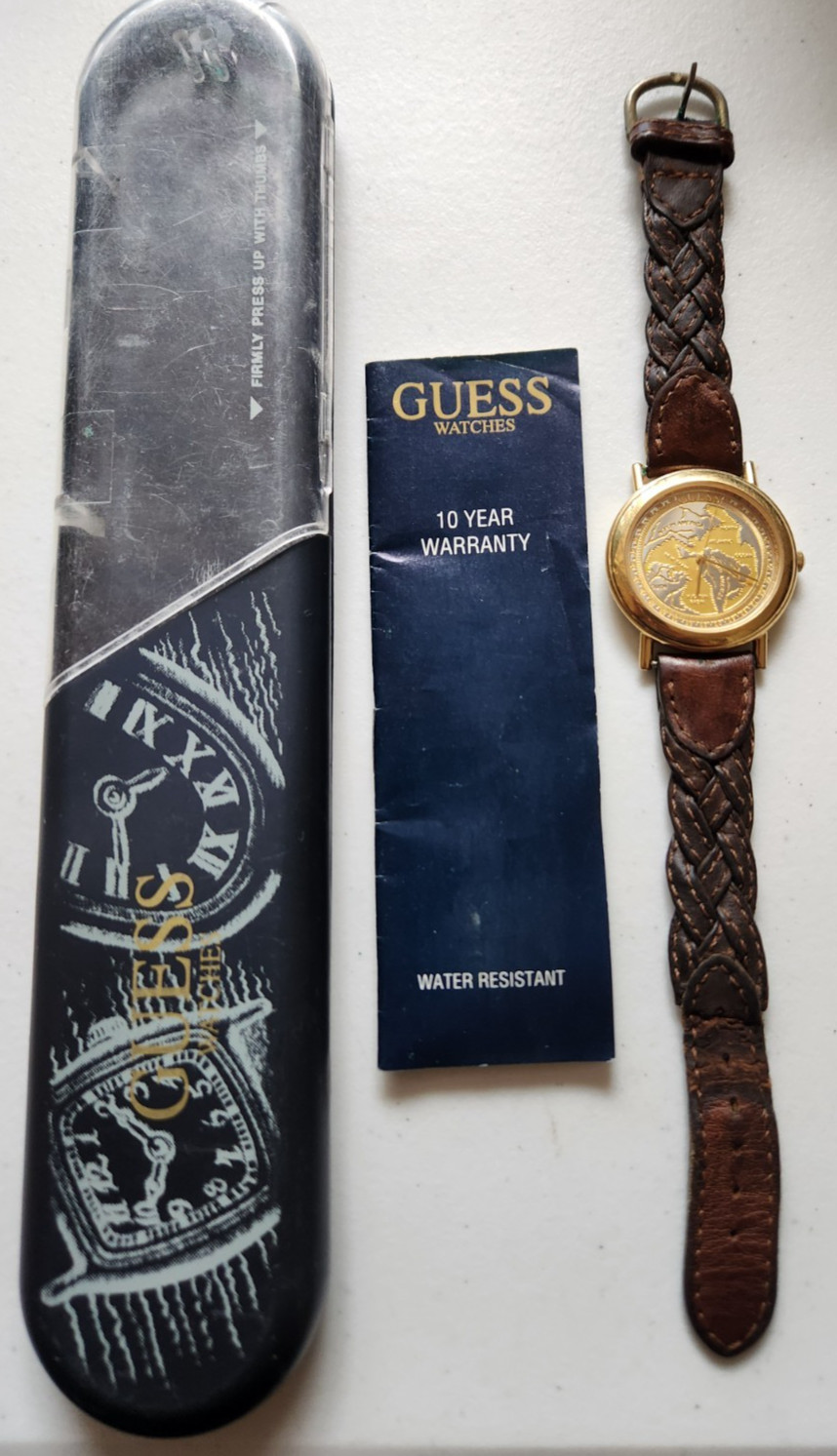 Guess Mens Watch 35mm Gold Tone World Map Dial Braided Leather Band Need Battery