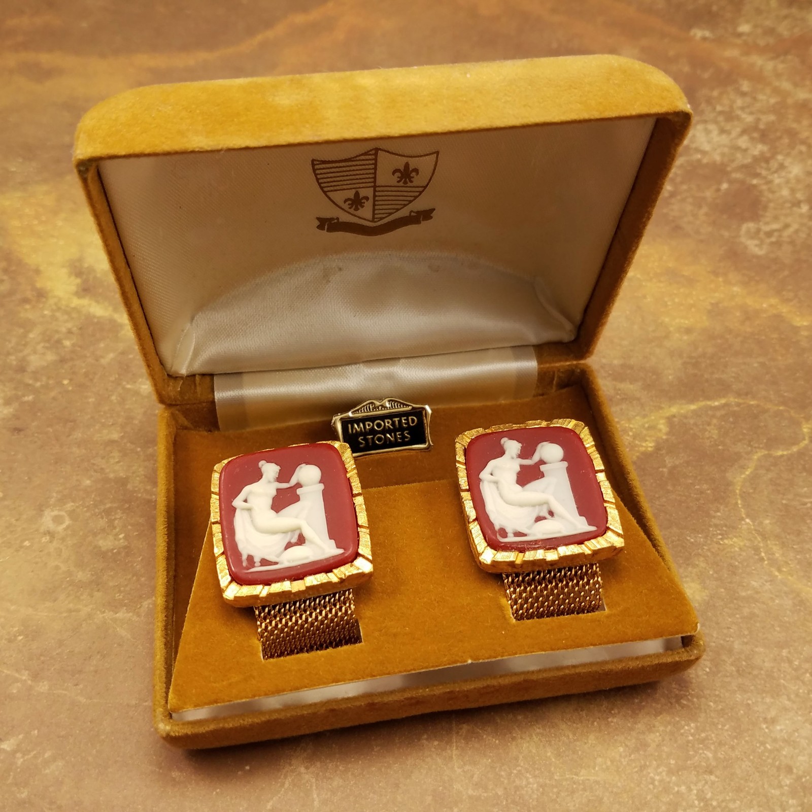 Vintage Cameo Cufflinks Incolay Imported Stones Estate Jewelry
