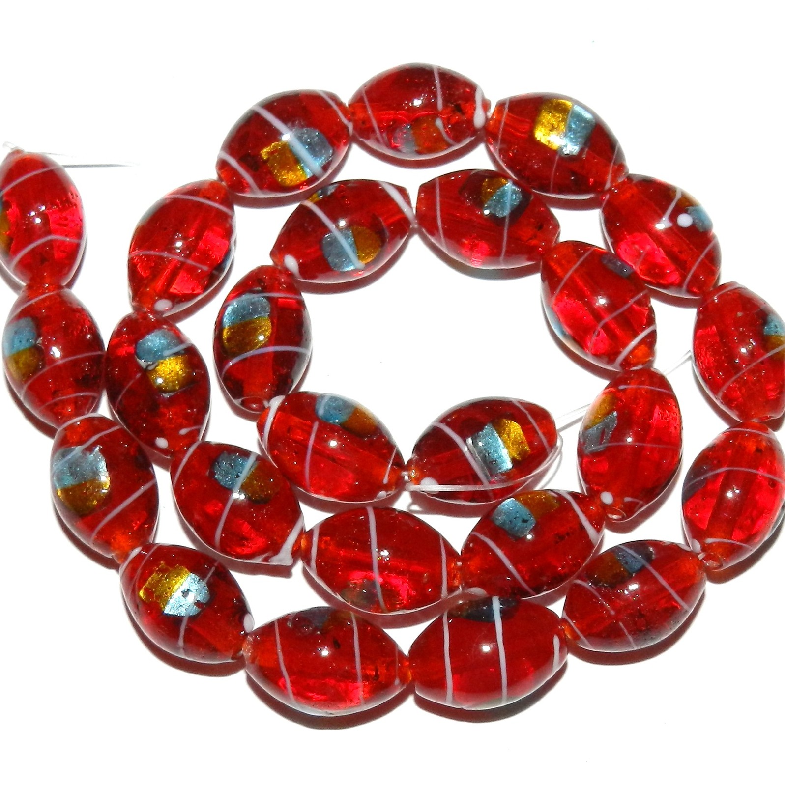 G3648 Red Lampwork Glass w Gold & Blue Foil & White Drizzle 16mm Oval Bead 15″