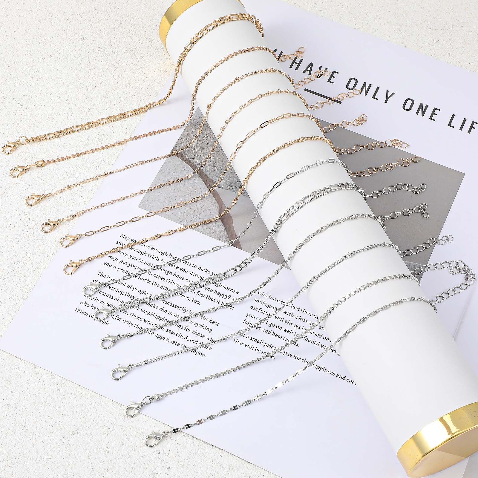 KFHENSOMR 12pcs Gold/Silver Ankle Bracelets for Women Medium, Gold + Silver