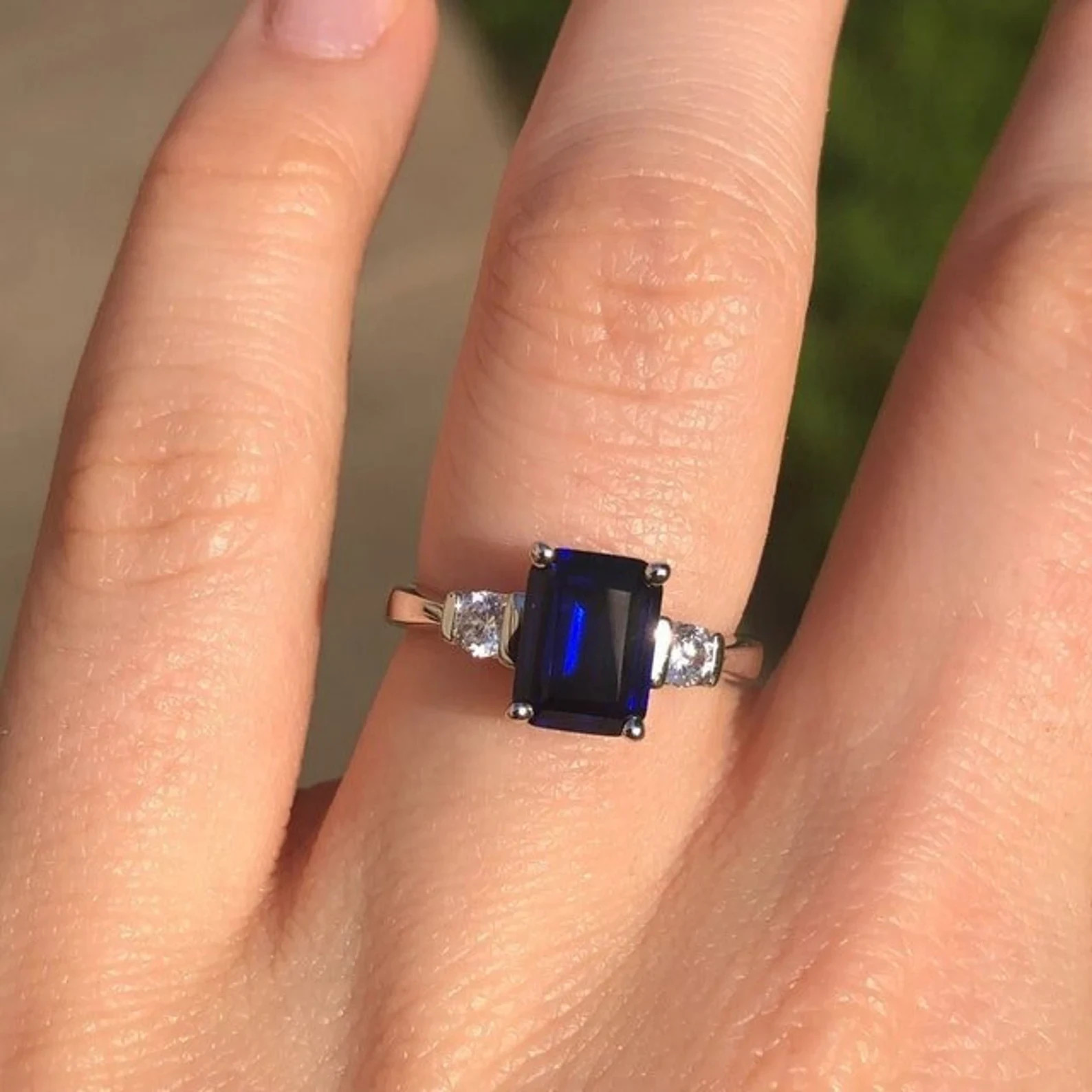 3.20 Ct Emerald Cut Natural Sapphire Diamond Wedding Ring 14K White Gold Size 8
