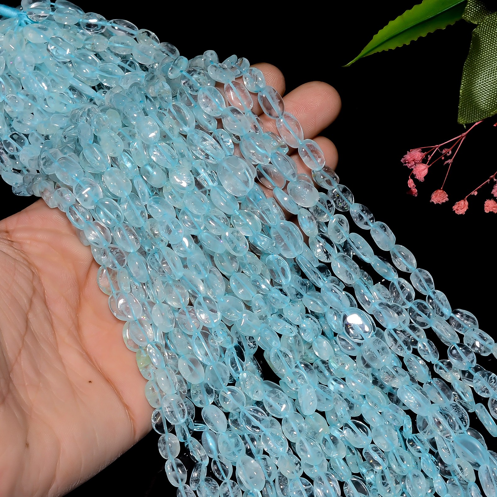 Natural Aquamarine Gemstone Oval Smooth Beads 7X5 11X6 mm Strand 12.5″ AB-853