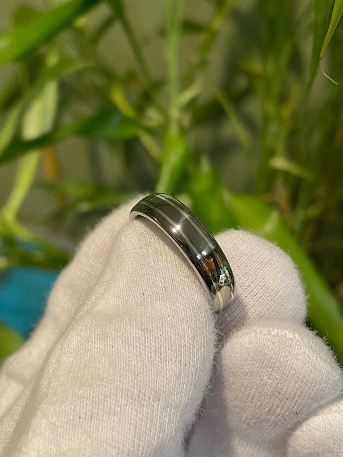 Comfort Fit Titanium Silver Pinstripes Ring, Wedding Band, Polished