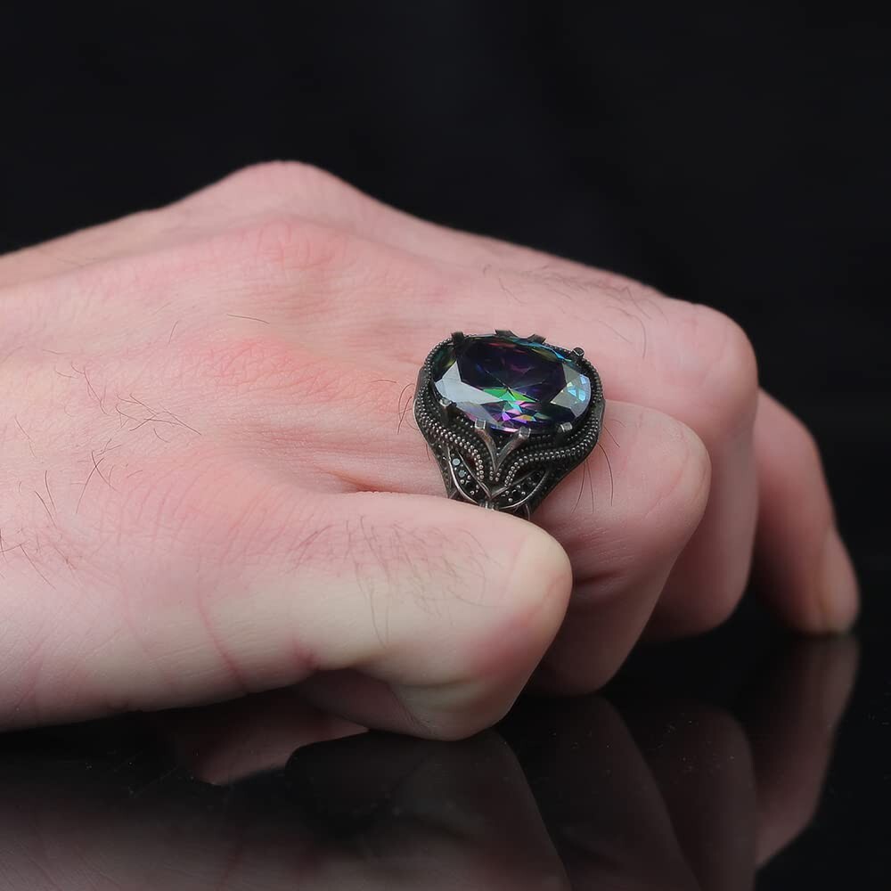 925 Sterling Silver Mens Ring with Mystic Topaz Gem Stone, Handmade Men’s Ring