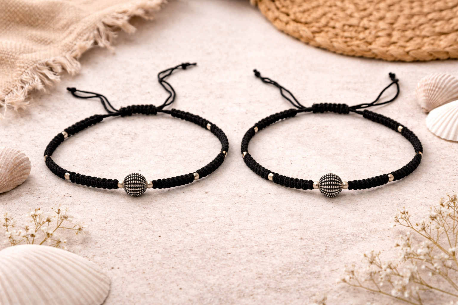 Handmade Macrame Anklet Pair Silver Ball Bead Adjustable Black Cord Boho Jewelry
