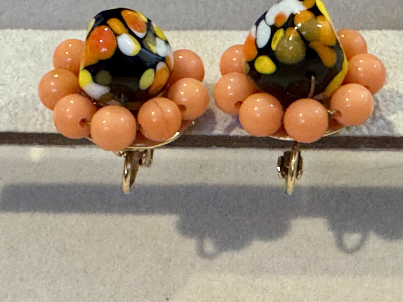 Vintage Murano Style Hand Painted Art Wire Beaded Earrings Colorful Button Coral
