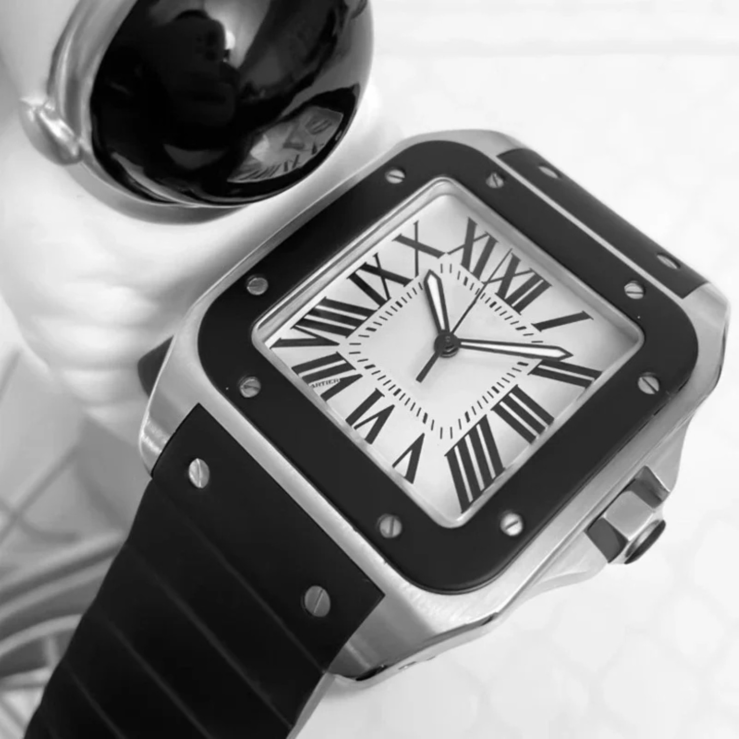 23mm Watchband For Cartier Santos 100 Rubber Band Black Rivet Silicone Strap