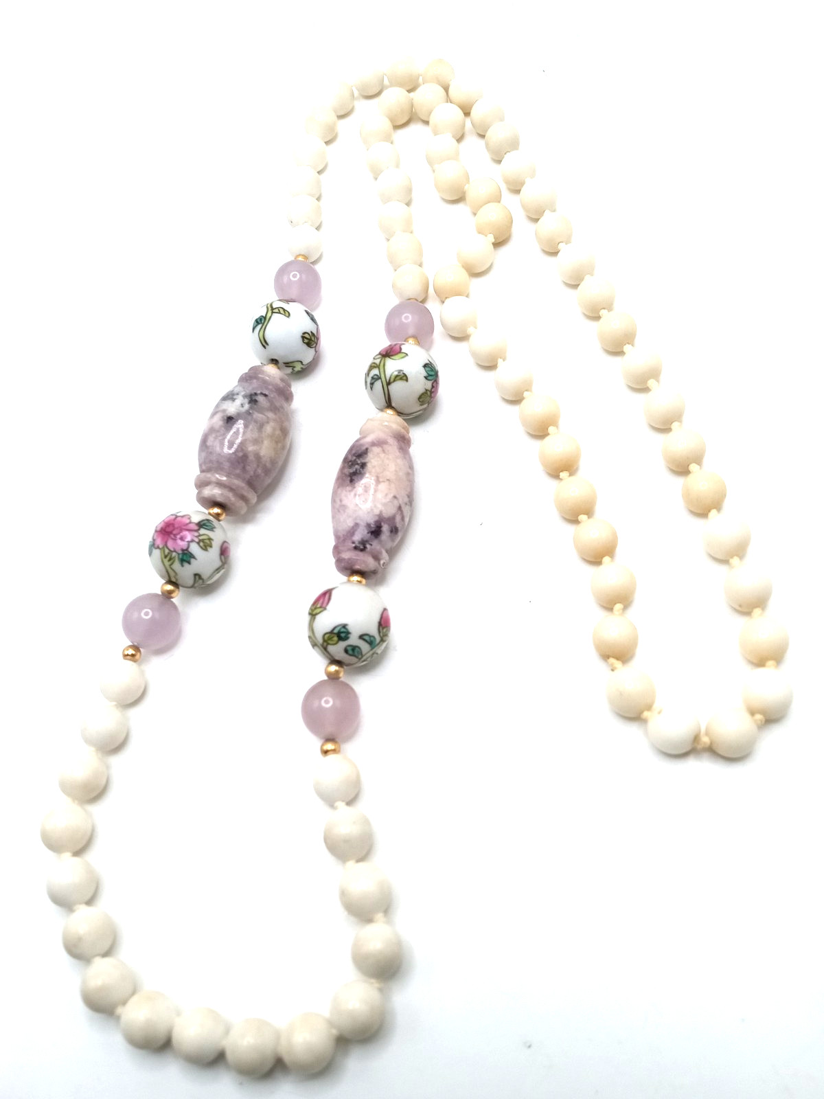 Vintage Porcelain Hand Painted Beads 32 In Necklace w Amethyst and Stone Beads