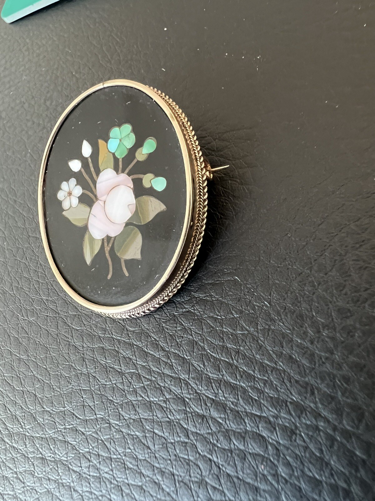 Vintage Antique Italian Pietra Dura Inlay 14k Yellow Gold Brooch Pin Flowers