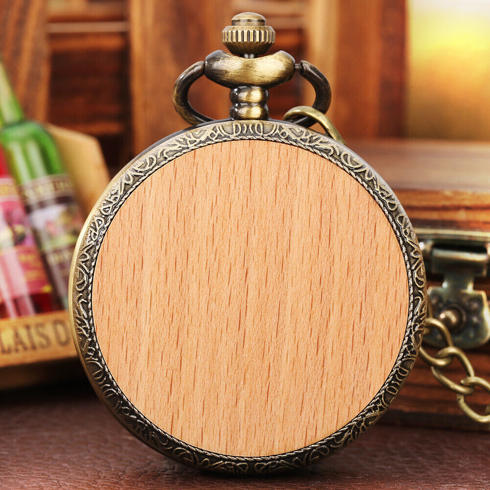 Bronze Nature Wood Alloy Case Men Women Quartz Pocket Watch Necklace Pendant