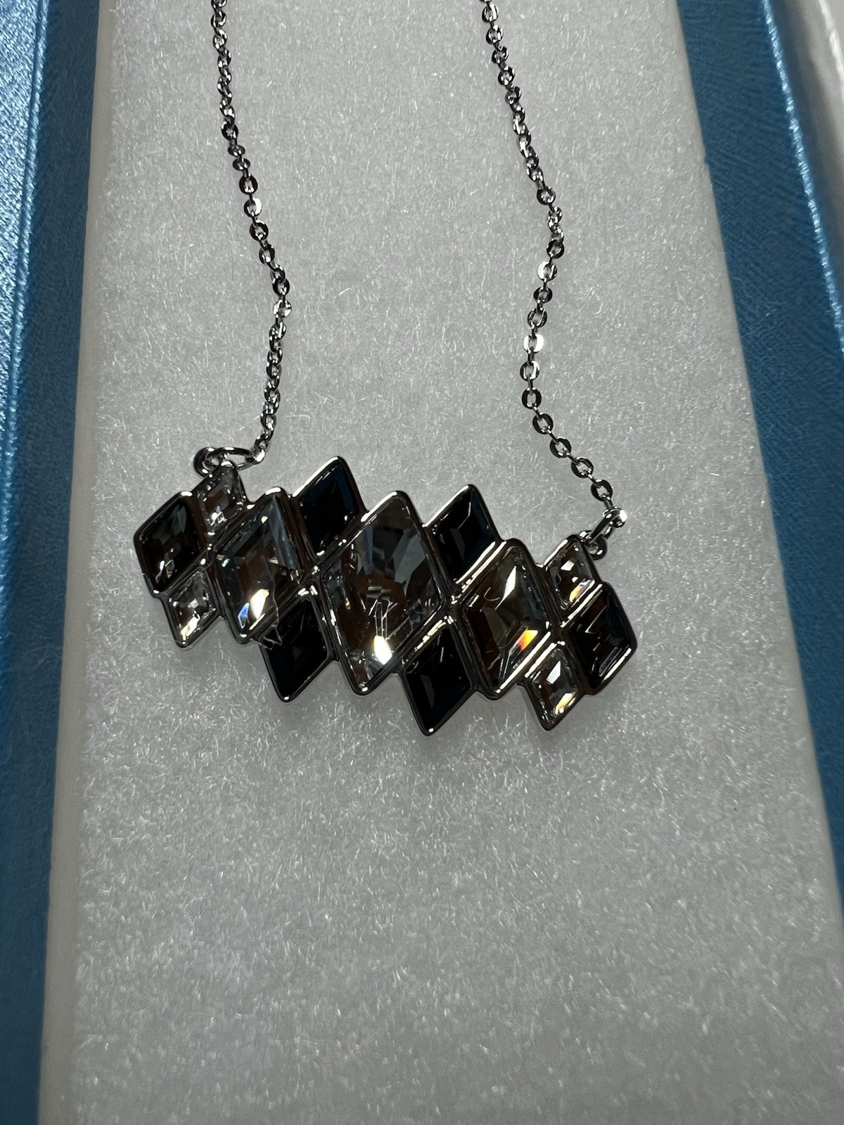 Touchstone Crystal Swarovski Nightfall Checked Necklace Black Clear Silver Bar