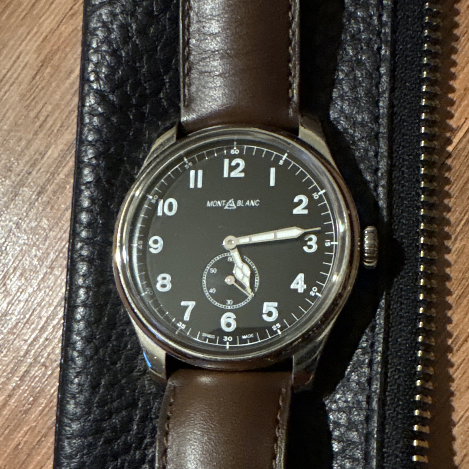 Montblanc 1858 Swiss Made Manual Wind 44mm Black Dial Brown Leather Strap