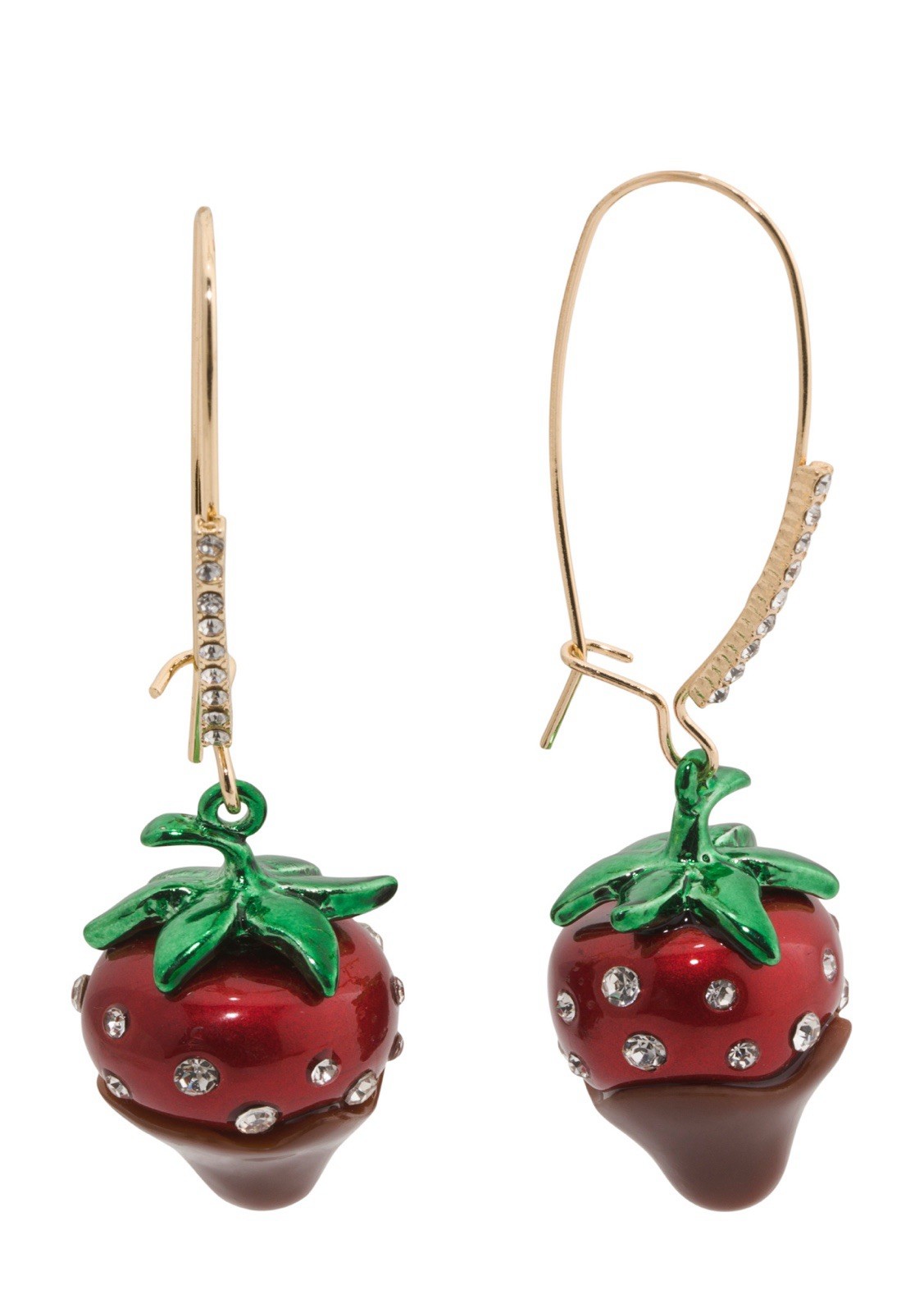 Betsey Johnson Chocolate Dipped Red Strawberry Drop Earrings Crystal Accents NWT