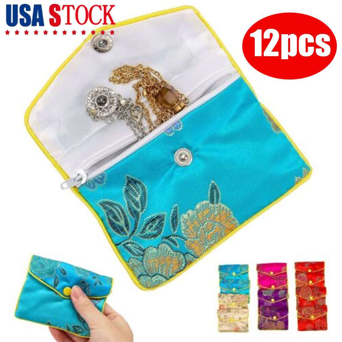 12 Fancy Silk Chinese Jewelry Purse Pouches with Zipper Gift Bag Pouch 3″ x 3.9″