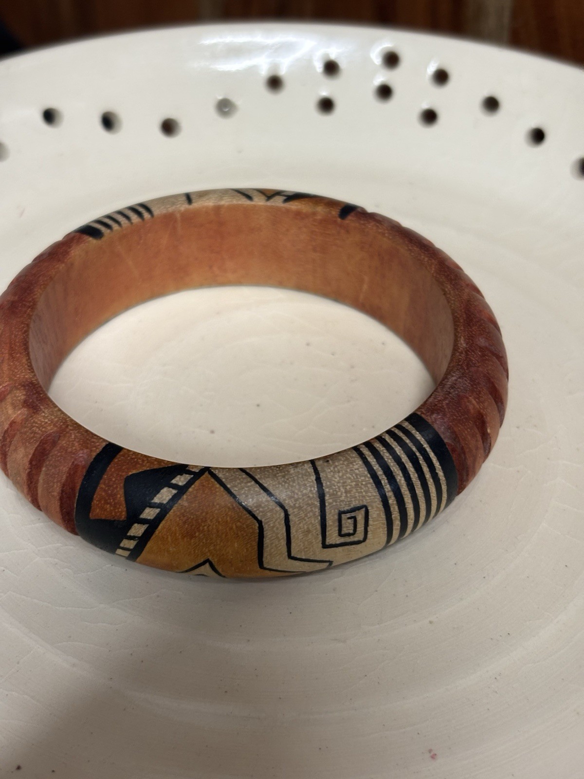 Vintage Hand Crafted Painted Wood Bangle Bracelet. Brown, Black, White.