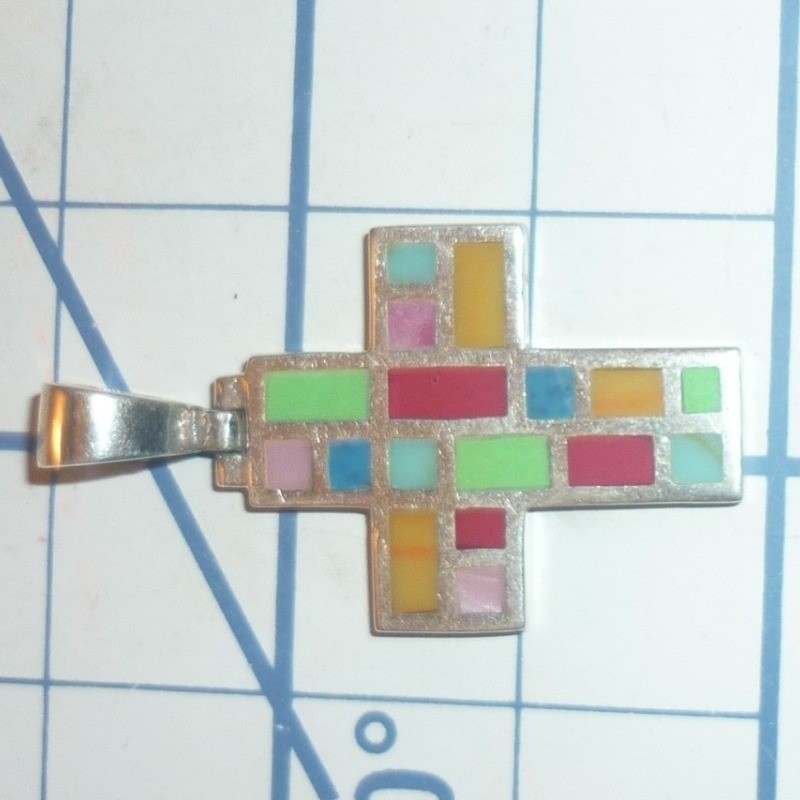 Vintage Sterling Silver Multi-Stone Inlay Cross Pendant Southwestern Jewelry