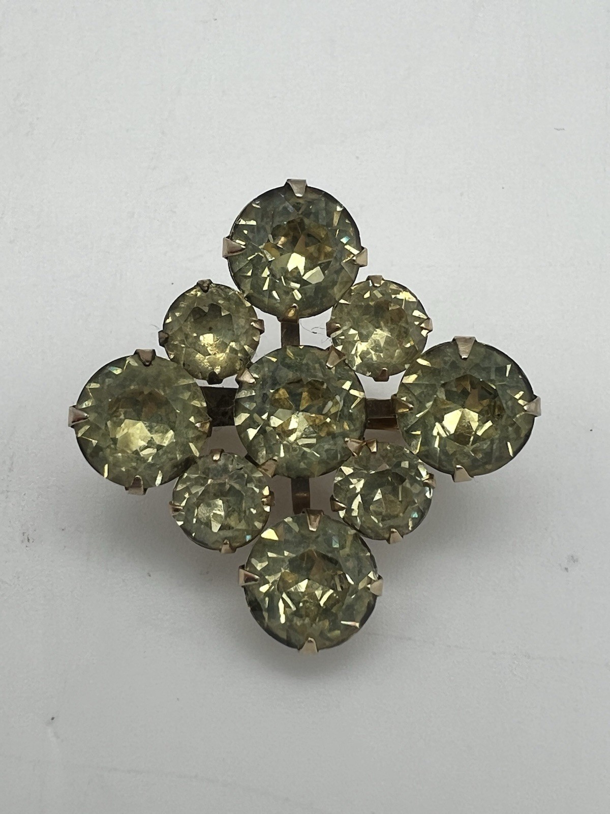 Vintage Jonquil Rhinestones Gold Tone Round Stones, Square Brooch Pin Prong