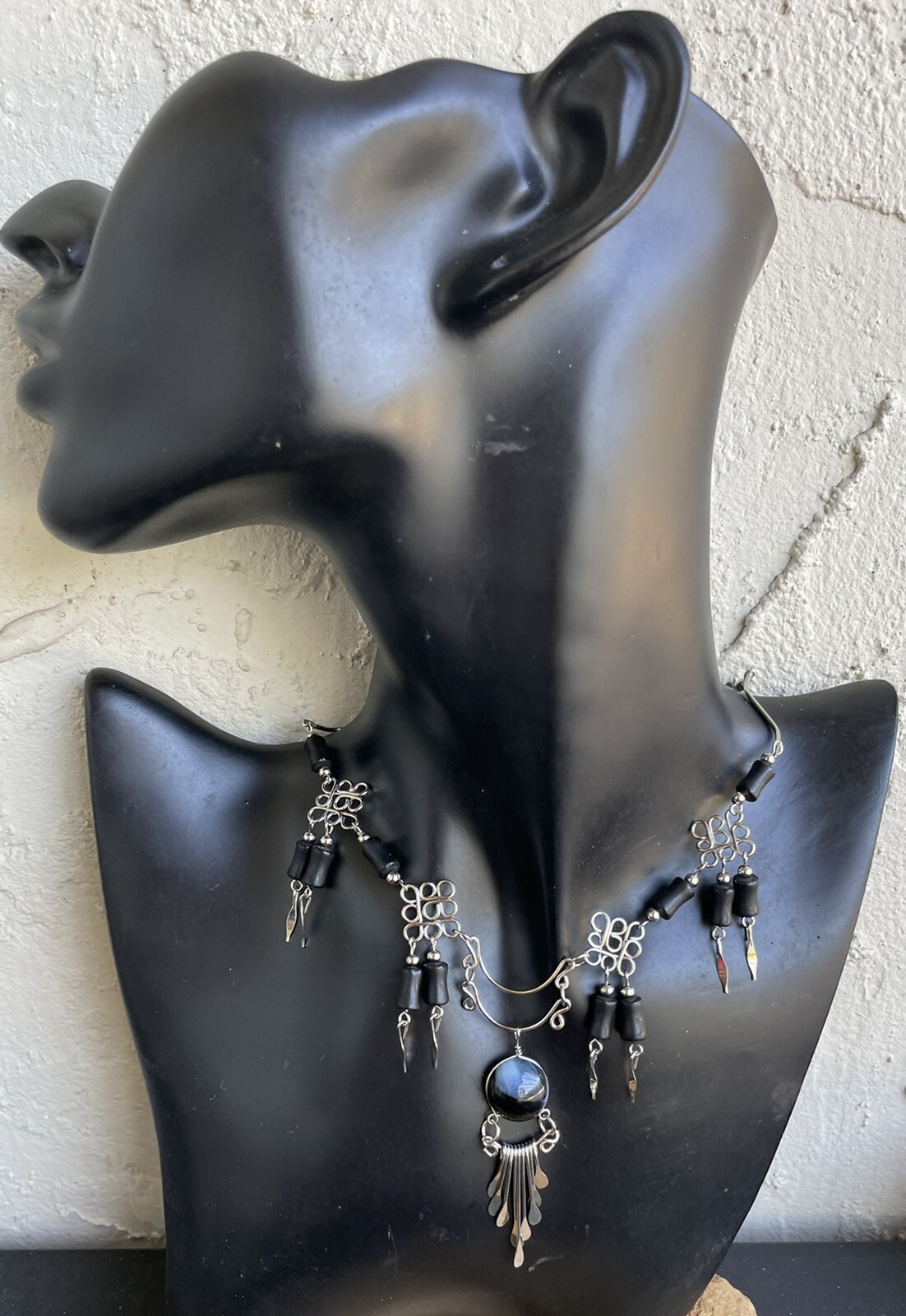 Peruvian Black White Swirl Glass Necklace Black Glass Earrings Set Hand-crafted