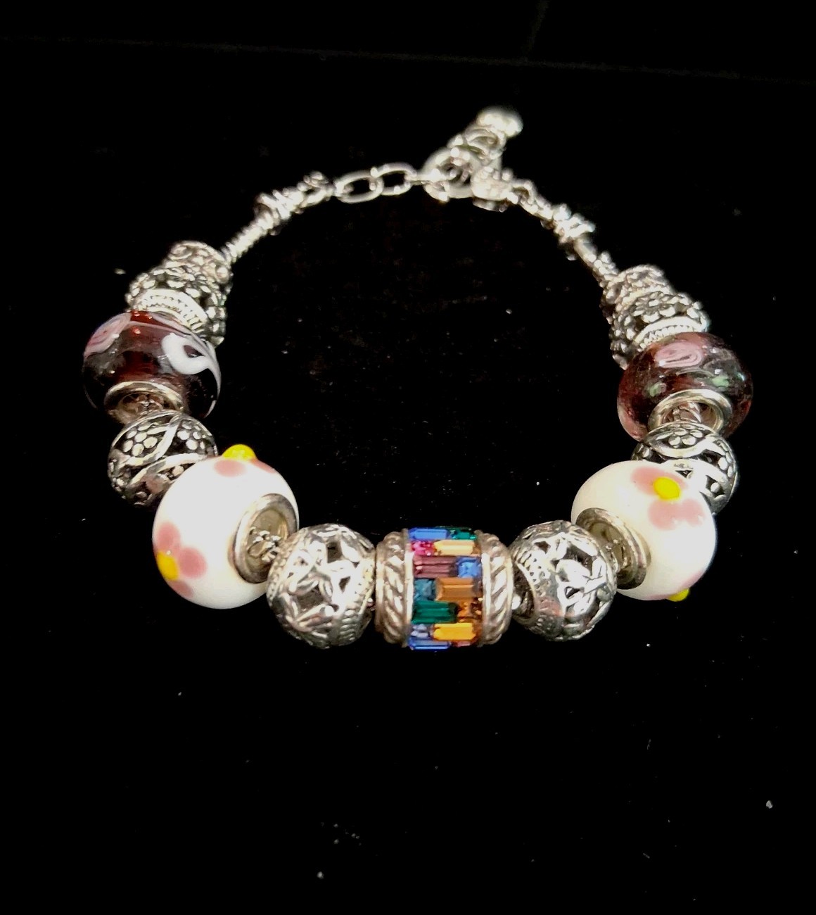 Silvertone 7.5″European CharmBracelet:Floral,Purple&Multicolor Rhinestone Charms