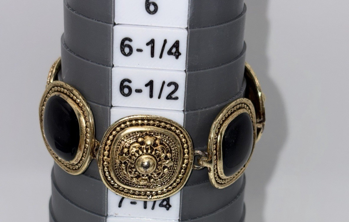 Vintage Gold Tone Etruscan Revival Black Stone Cabochon Link Bracelet