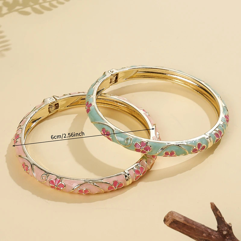 Flower Pattern Enamel Cloisonne Bracelet for Women Retro Gold Color Plated Bangl