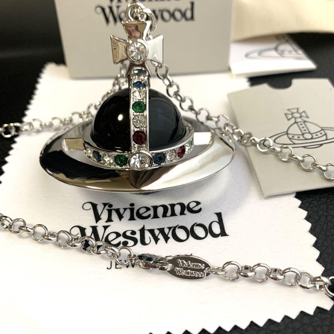 Vivienne Westwood Necklace Medium Orb Black Silver Top 6.5 x 6cm C:80cm IN BOX