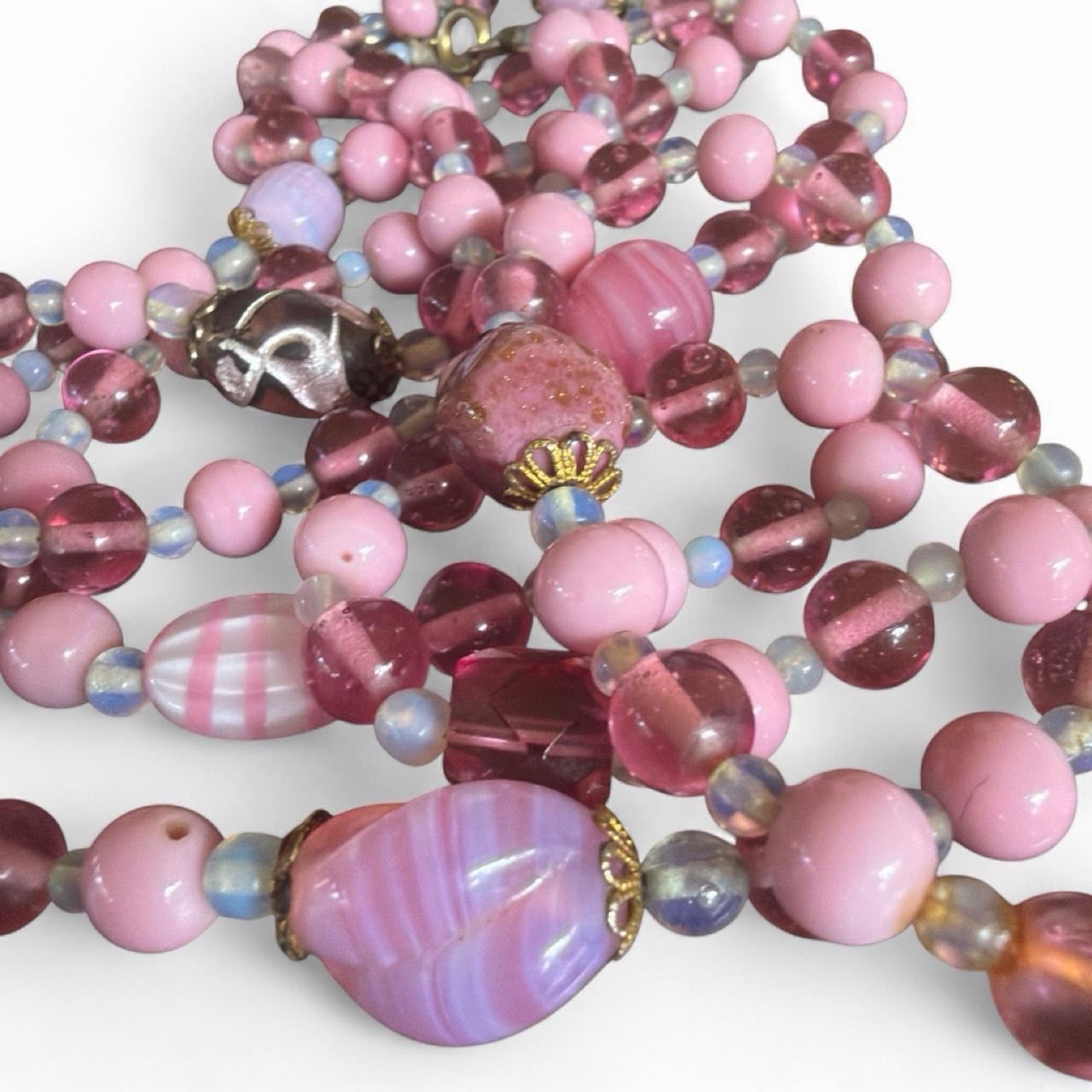 1950s Pink Art Glass Beaded Necklace 48” Hand Knotted Long Flapper Strand 108g