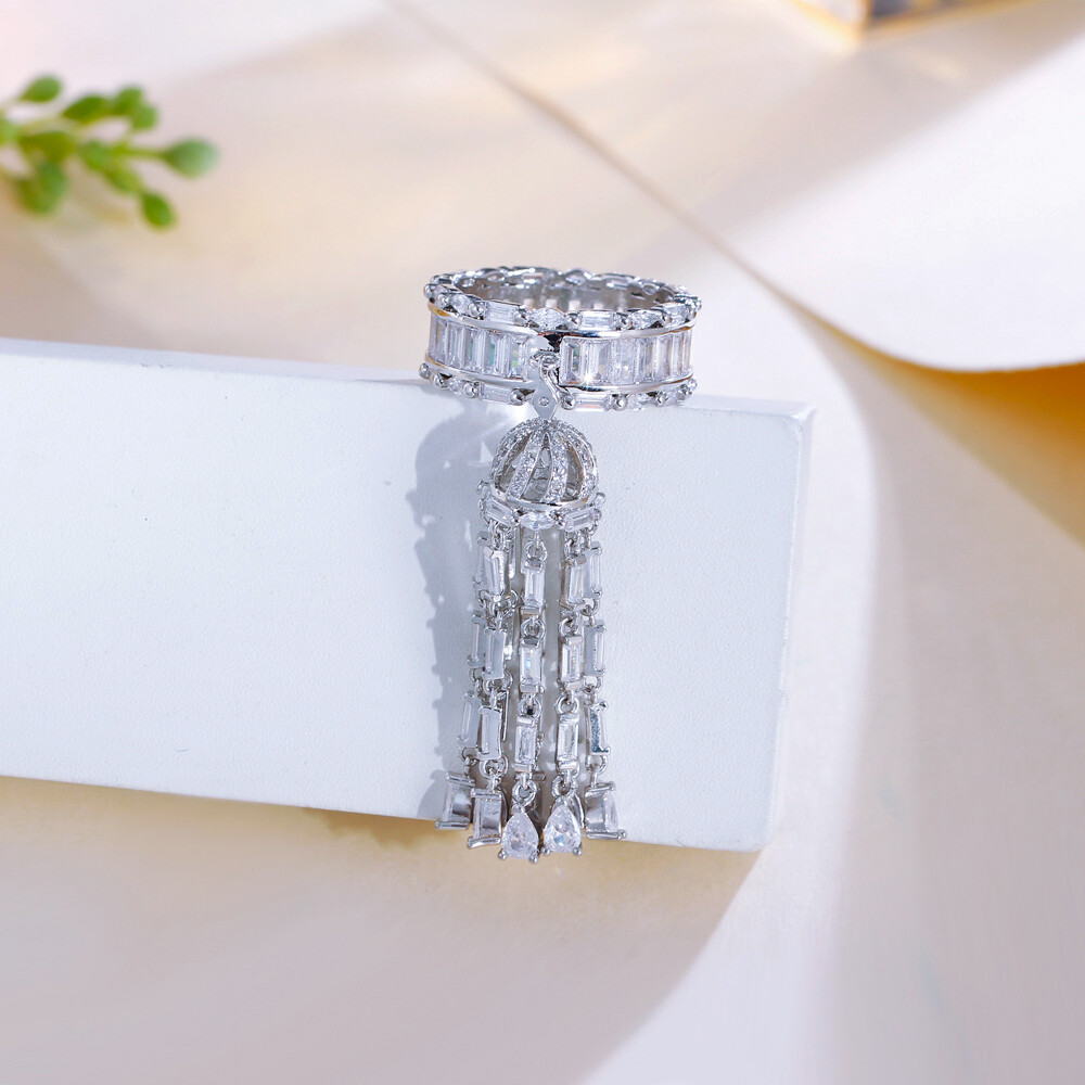 Silver Plated Long Tassel Charms CZ Wedding Band Ring for Women Cocktail Party
